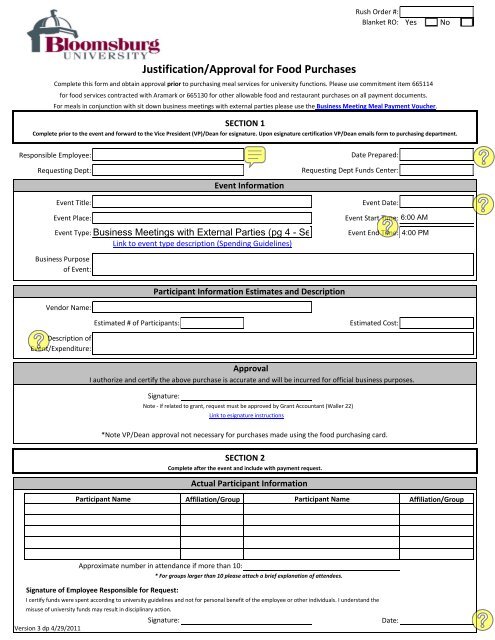 Justification/Approval for Food Purchases Form