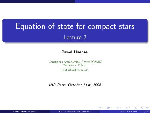 Equation of state for compact stars Lecture 2 - LUTH