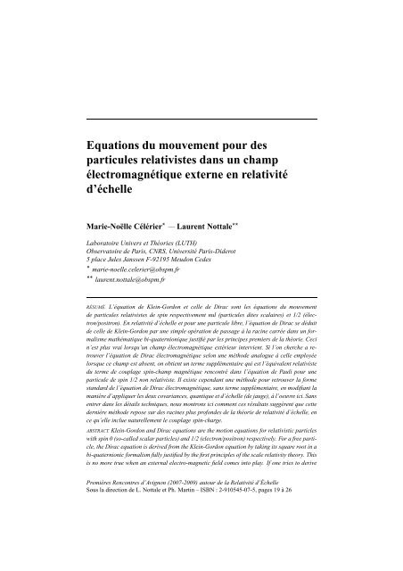 Equations du mouvement pour des particules relativistes - LUTH ...