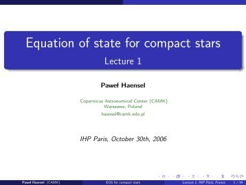 Equation of state for compact stars Lecture 1 - LUTh