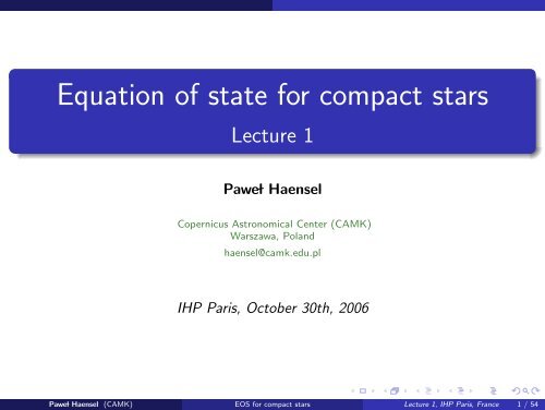 Equation of state for compact stars Lecture 1 - LUTh