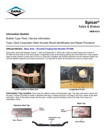 Dana Corporation Steer Knuckle Recall Identification and ... - Spicer