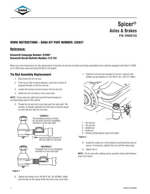 work instructions – dana kit part number - Spicer