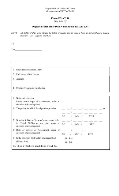 Form DVAT 38 - Delhi