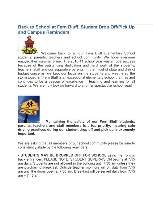 School At Fern Bluff Student Drop Off Pick Up And Campus Reminders School At Fern Bluff Student Drop Off Pick Up And Campus Reminders