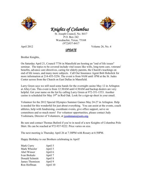 KOC 8417 April Newsletter Ready!