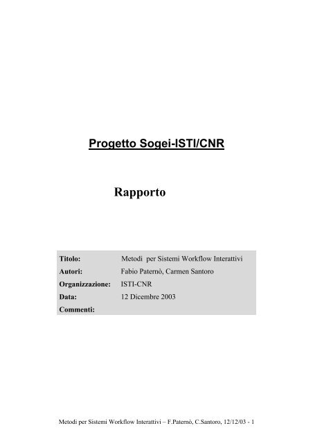 Metodi per Sistemi Workflow Interattivi - Cnr