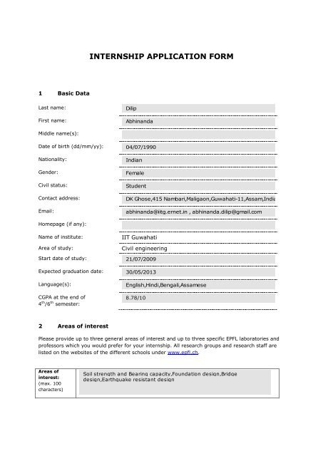 INTERNSHIP APPLICATION FORM - EPFL