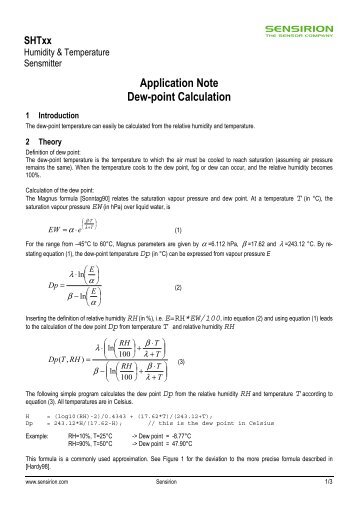 SHTxx Application Note Dew-point Calculation