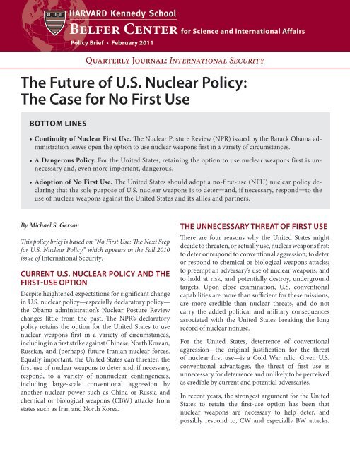 The Future of U.S. Nuclear Policy: The Case for No First Use