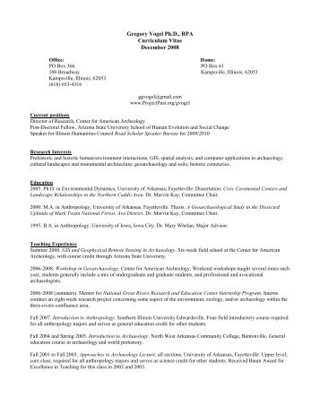 Gregory Vogel Ph.D., RPA Curriculum Vitae ... - Project Past