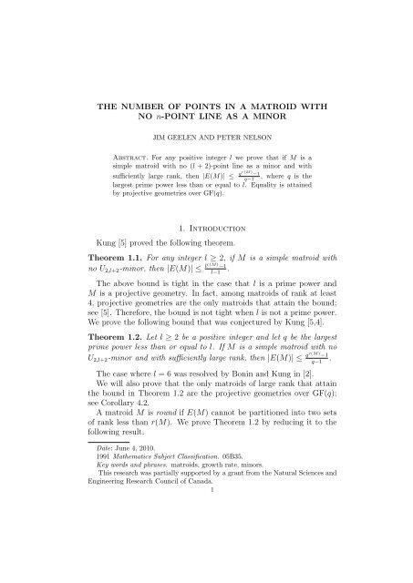 The number of points in a matroid with no n-point line as a minor