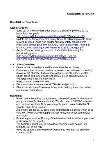 Checklist for COLTRIMS Experiment at the ALS