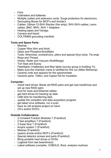 Checklist for COLTRIMS Experiment at the ALS