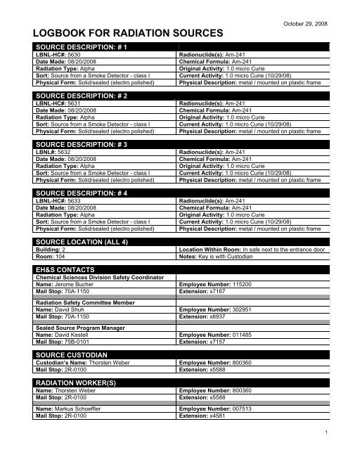 Forms for Sealed Sources Logbook