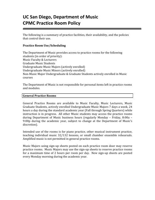 Practice Room Policy 2009 Ucsd Department Of Music