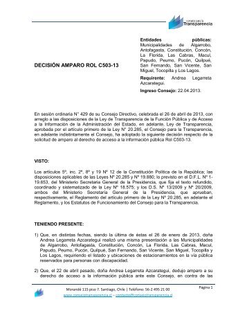 DECISIÓN AMPARO ROL C503-13 - Extranet - Consejo para la ...