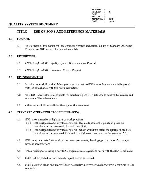 QUALITY SYSTEM DOCUMENT TITLE: USE OF SOP'S AND ...