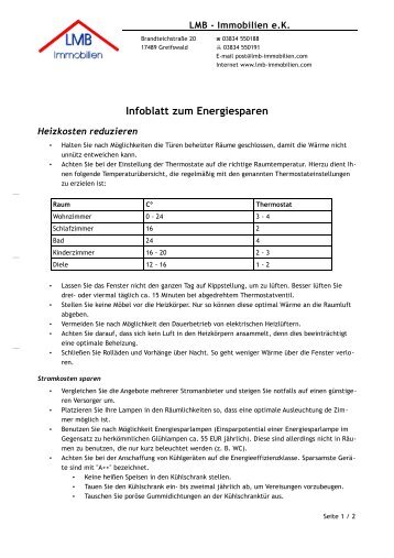 Infoblatt zum Energiesparen - LMB-Immobilien