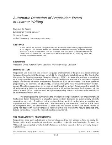 Automatic Detection of Preposition Errors in Learner Writing