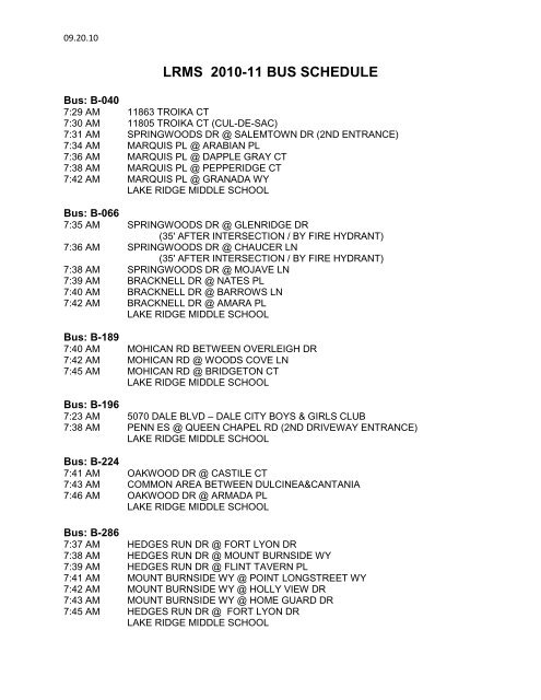LRMS 2010 11 BUS SCHEDULE Lake Ridge Middle School