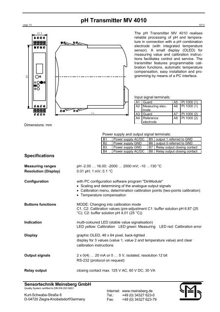 pH Transmitter MV 4010 - Sensortechnik Meinsberg