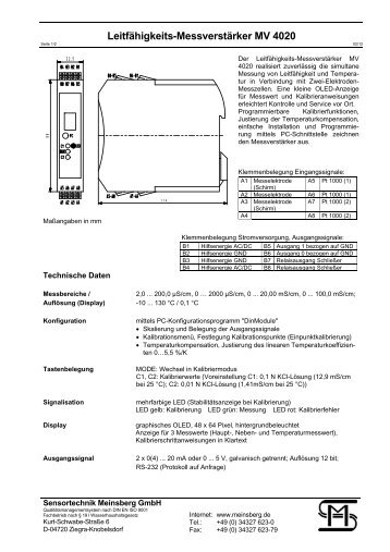 Leitfähigkeits-Messverstärker MV 4020 - Sensortechnik Meinsberg