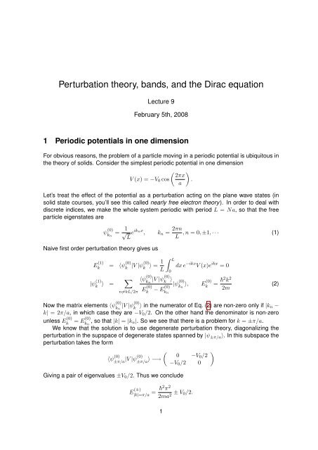 Perturbation theory, bands, and the Dirac equation - Faculty.virginia ...