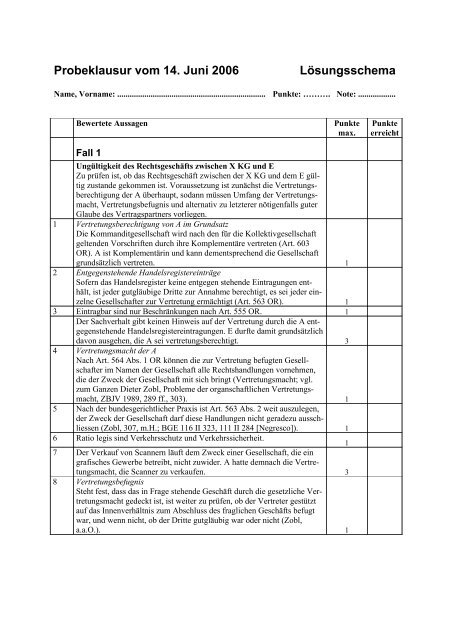 Probeklausur vom 14. Juni 2006 Lösungsschema - Simon Schlauri