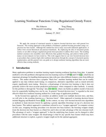 Learning Nonlinear Functions Using Regularized Greedy Forest