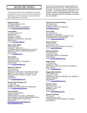 Researchers List (2013).pdf - Kentucky Historical Society