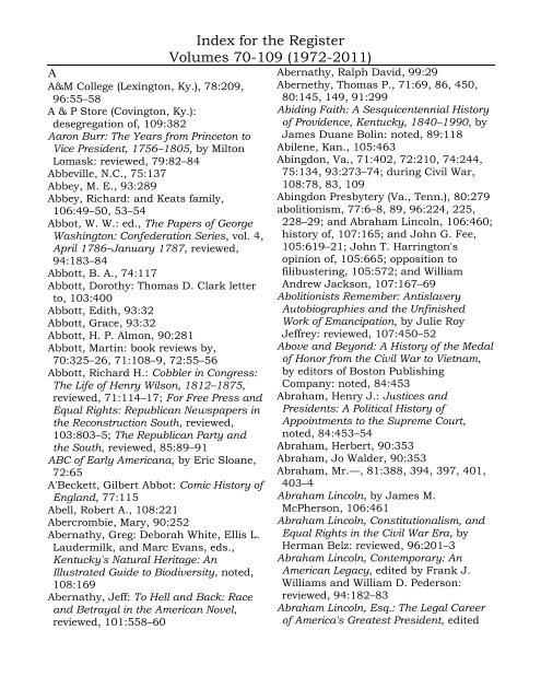 Index for the Register Volumes 70-109 - Kentucky Historical Society