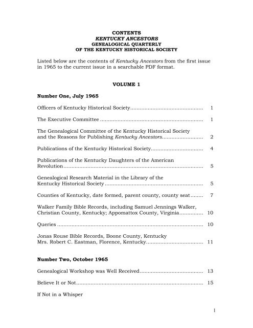 Ky Ancestors Contents 1965 Spring 2008 Pdf Kentucky