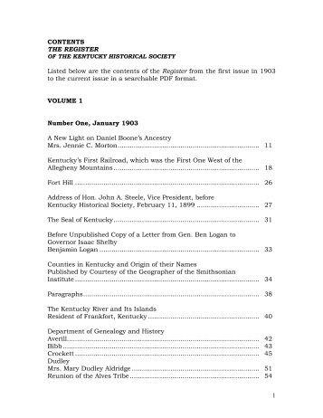 Table of Contents for the full run of the Register - Kentucky Historical ...