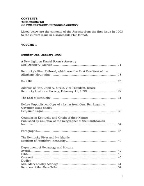 Table of Contents for the full run of the Register - Kentucky Historical ...