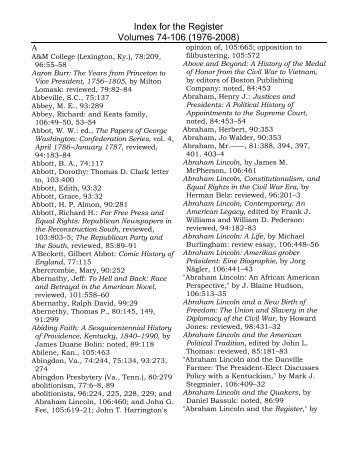 for the Register Volumes 74-106 - Kentucky Historical Society