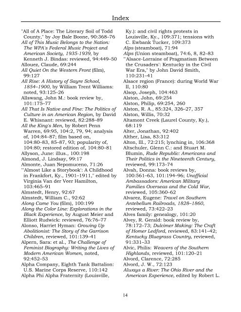 Index for the Register Volumes 68-110 - Kentucky Historical Society