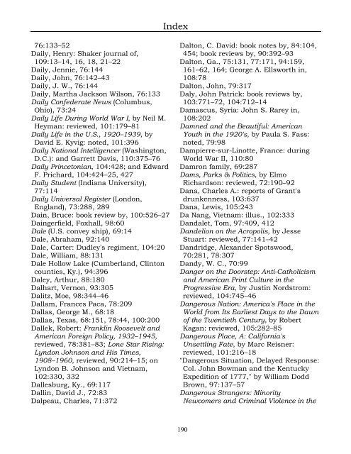 Index for the Register Volumes 68-110 - Kentucky Historical Society