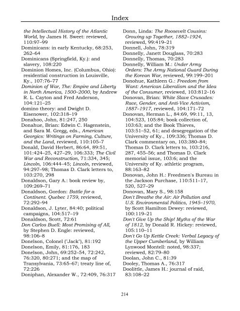 Index for the Register Volumes 68-110 - Kentucky Historical Society