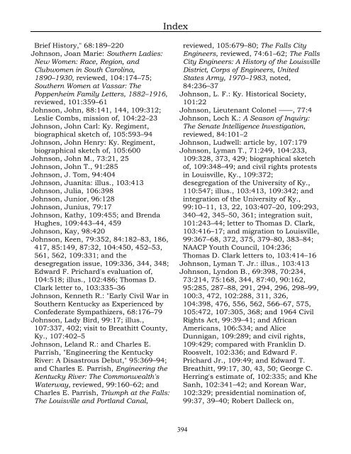 Index for the Register Volumes 68-110 - Kentucky Historical Society