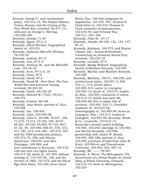 Index for the Register Volumes 68-110 - Kentucky Historical Society