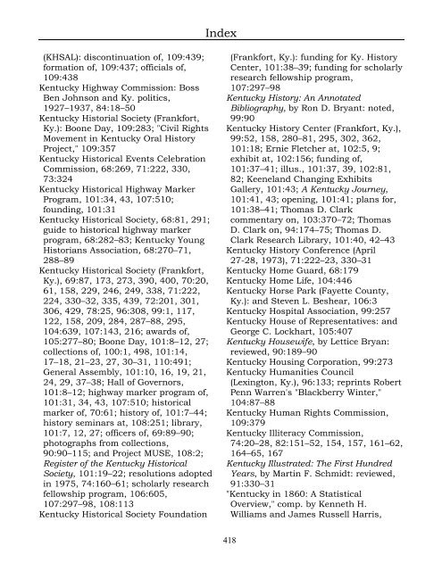 Index for the Register Volumes 68-110 - Kentucky Historical Society