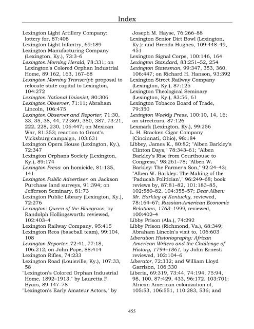 Index for the Register Volumes 68-110 - Kentucky Historical Society