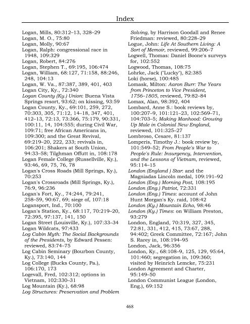 Index for the Register Volumes 68-110 - Kentucky Historical Society