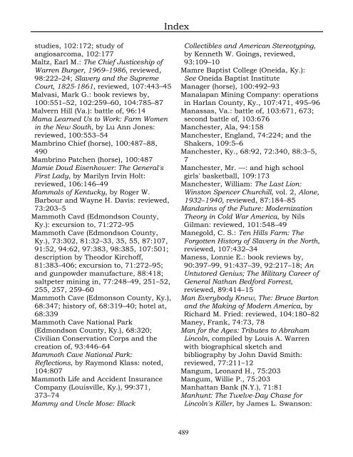 Index for the Register Volumes 68-110 - Kentucky Historical Society