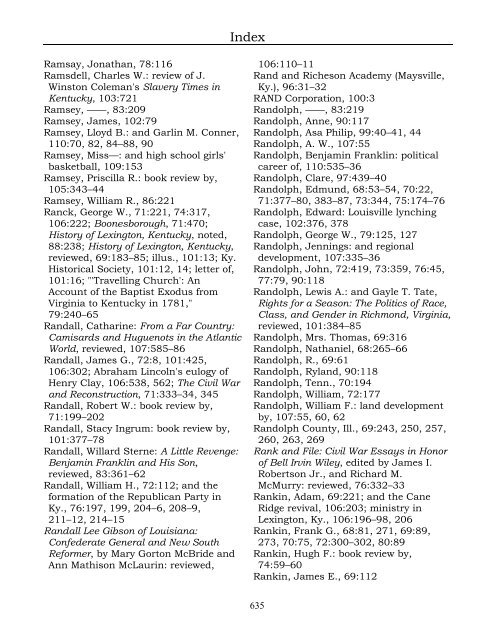 Index for the Register Volumes 68-110 - Kentucky Historical Society