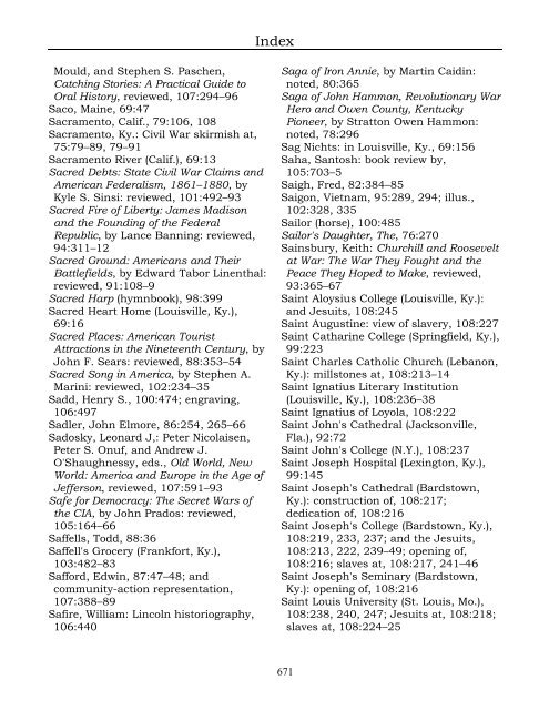 Index for the Register Volumes 68-110 - Kentucky Historical Society