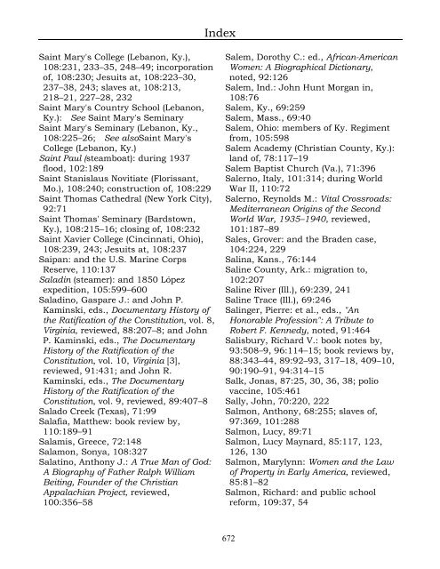 Index for the Register Volumes 68-110 - Kentucky Historical Society