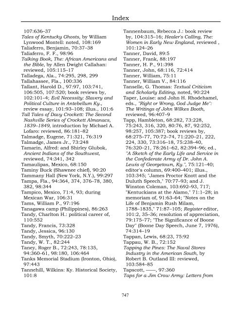 Index for the Register Volumes 68-110 - Kentucky Historical Society