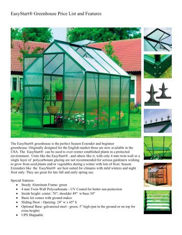EasyStart® Greenhouse Price List and Features - Exaco